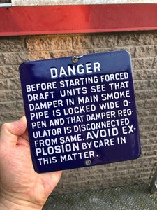 ANTIQUE MINTY RARE c.1920 PORCELAIN ENAMEL COBALT “DANGER AVOID EXPLOSION” SIGN