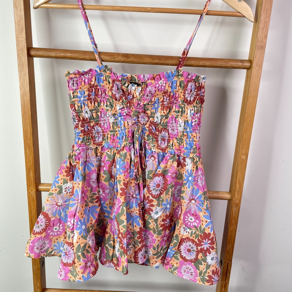 Sportsgirl Shirred Cami Top Womens 10 Pink Floral Cotton Babydoll Peplum Boho