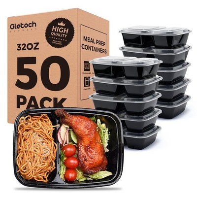 50 Pack (100-Piece) 32 oz Sturdy Leakproof 2-Compartment Meal Prep Containers...