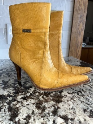Puro Cuero Yellow Ostrich Leather Pointed Toe Stiletto Zipper Camila Boot W 9.5