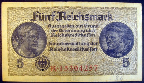 Banconota 1939-1945 Germania 5 Reichsmark, Mark, Bank, Paper Money, Banknote World - Foto 1 di 3