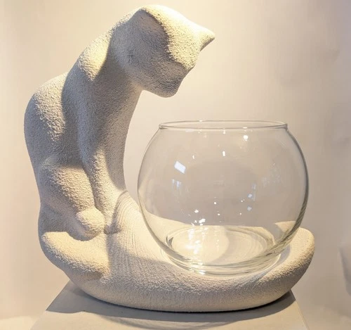 Vtg MCM Style Haeger Pottery Cat Fishbowl Planter Textured Ceramic Glass Bowl