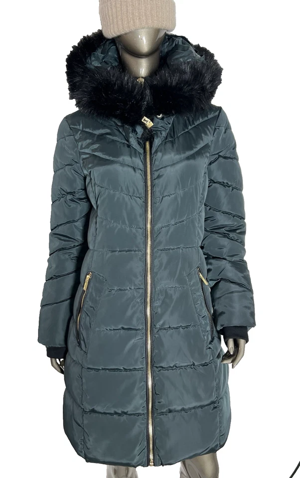 Guess Puffer Coat Womens Medium Green Belted Hooded Faux Fur Trim - Image 2 of 4