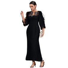Dubai Women Abaya Black Evening Dress Embroidered Ruffled Sleeves Kaftan Wedding
