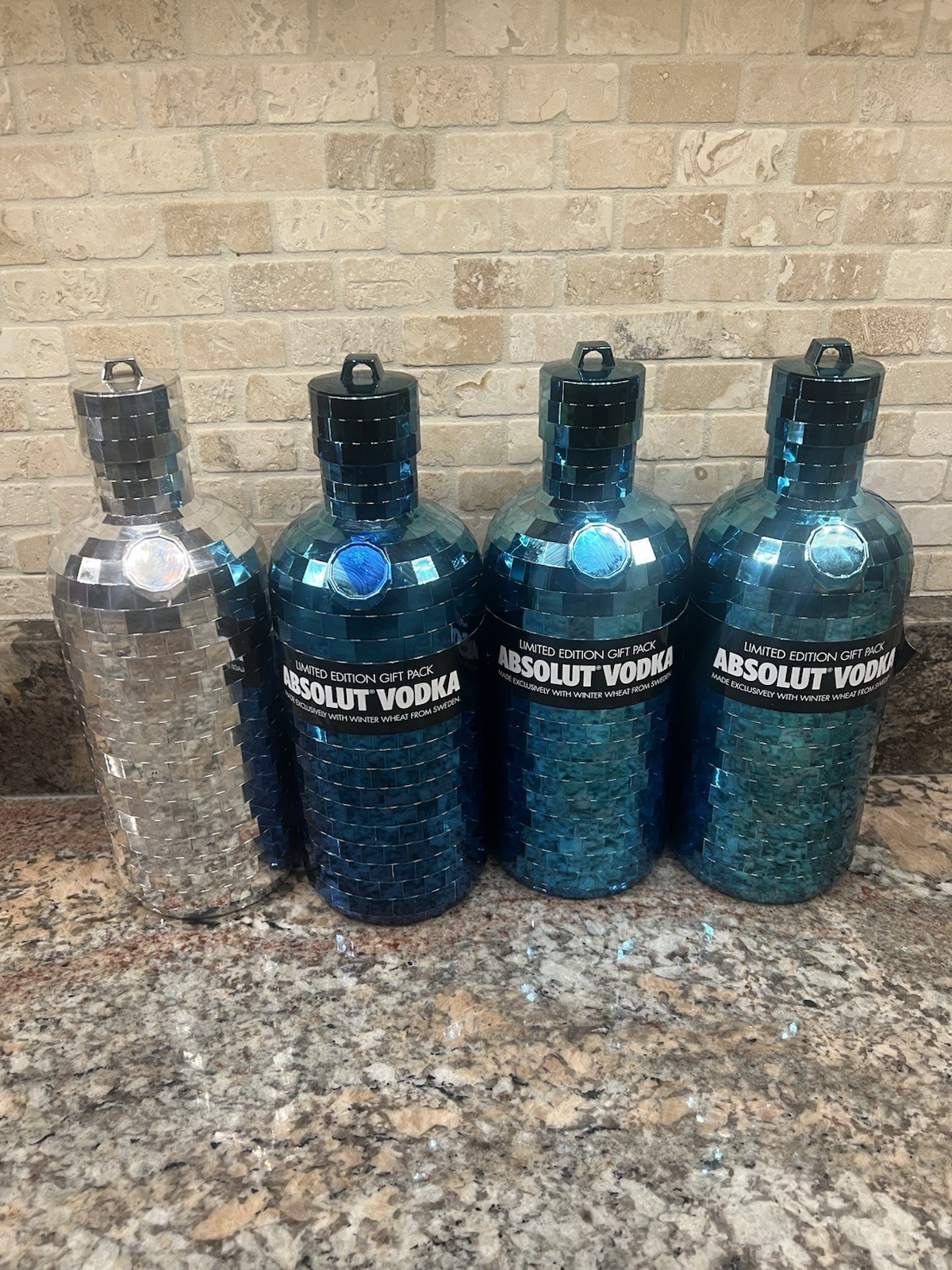Vintage Absolut Vodka Disco Ball Bottle Limited Edition Blue + Silver Set of 4