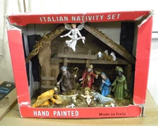 Vintage Nativity Set Wood Stable Made In Italy Hand Painted in Original Box