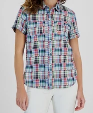 Nautica Jeans Women's Blue Patchwork Plaid Camp Button-Up Shirt Top Size M