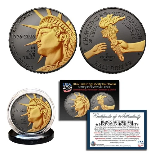 2026-P Enduring Liberty Half Dollar BU Coin America 250 Black Ruthenium 24K Gold