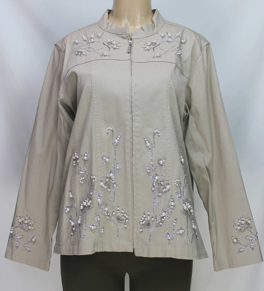 Quacker Factory Women's Jacket Stretch Long Sleeve Embellished Beige Size L - Imagem 2 de 4