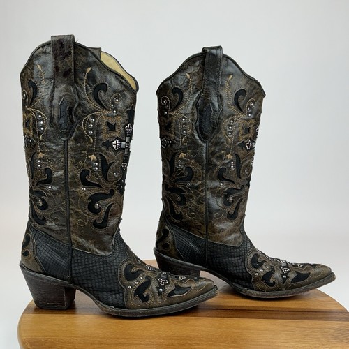 Womens Corral Crystal Cross Black Leather Python Western Cowboy Boots Size 7 M