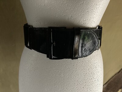 Damen XS/S breiter schwarzer Lackledergürtel mit Schnalle und Gummizug hinten