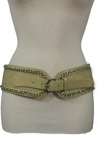 Hot Women Beige Faux Leather Fashion Belt Hip Waist Silver Metal Chains Size S M - Picture 15 of 24