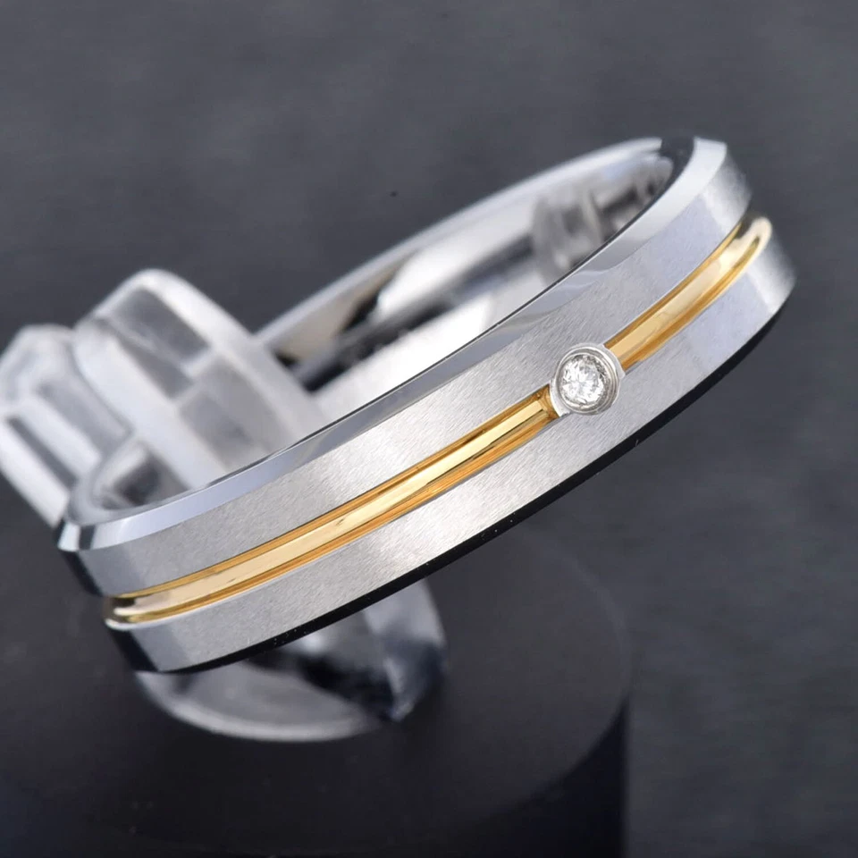 Anillo de boda para mujer de diamantes naturales SI1-SI2 de 1 mm acanalado dorado de tungsteno de 5 mm Foto 3 de 4