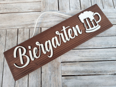 Biergarten - Holzschild mit 3D Effekt, Deko Garten Lounge Bar Holz massiv, 45cm