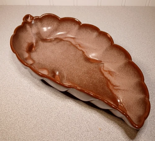 Vintage Frankoma Pottery, Brown Satin Leaf-shaped Footed Dish #225 Trinket Candy