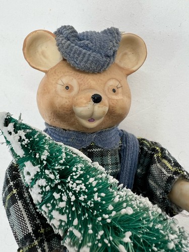Vintage Set of 2 Teddy Bear Christmas Ornaments Ceramic Heads 6” Blue Plaid - Picture 7 of 14