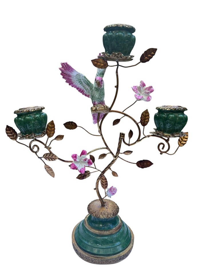 Hand painted Candelabra Candle Holder Gold, With Green florals And Bird
