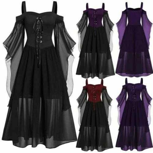 Kleider Plus Gothic Halloween Kleid Schnürärmel Fledermaus Damen Cold Shoulder - Bild 3 von 20