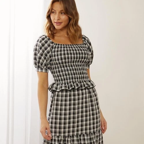 Check Top Off Shoulders Size 10 Black An White Work Wedding Festival Casual - Picture 1 of 4