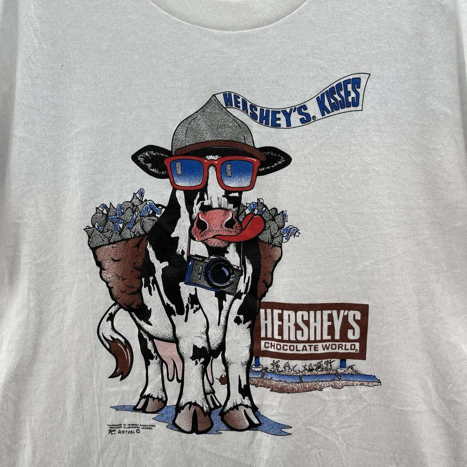 Винтажная футболка 90-х Hersheys Kisses мужская средний размер белая промо корова графика R Wetzel - Изображение 2 из 4