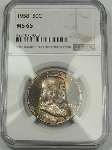 BU GEM Rainbow Toned 1958 US Franklin Half Dollar. NGC MS65.  #12