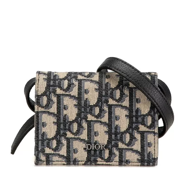 Dior Oblique Mini Sac à Bandoulière Porte Carte Cuir Jacquard Beige Marine Authentique