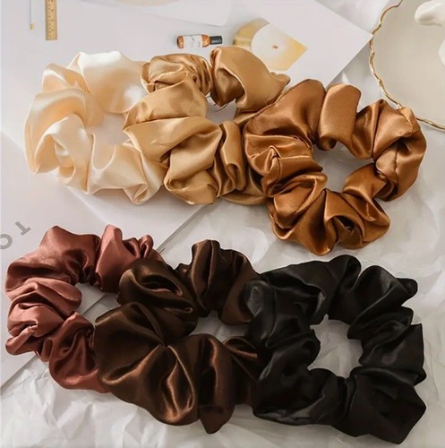 BROWN BLACK MIX Hair Ties Silky Satin Scrunchy Elastic Band Ponytail Holder Set - Picture 4 of 4