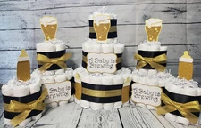 3 Tier Diaper Cake and sets - A Baby is Brewing Baby Shower Black Gold Pink Blue