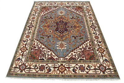Heriz Serapi Rug 8 1  x 9 11  Blue Wool Tribal Hand-Knotted Oriental Carpet