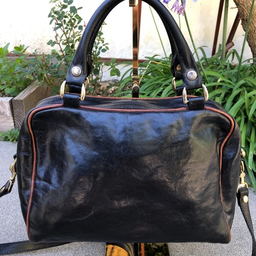 VTG OROTON Sydney Leather Bowling Purse Hand Bag Black Shiny Crossbody Womens - Picture 2 of 16
