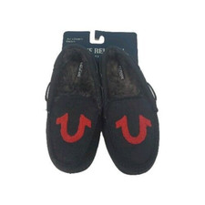 True Religion Moccasins Black Red Mens Medium 9-10 Sandals Slipper Fur Lined NEW