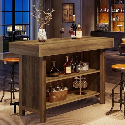 57.48-Inch Bar Table Industrial Rectangular Home Bar Unit with Metal Footrest