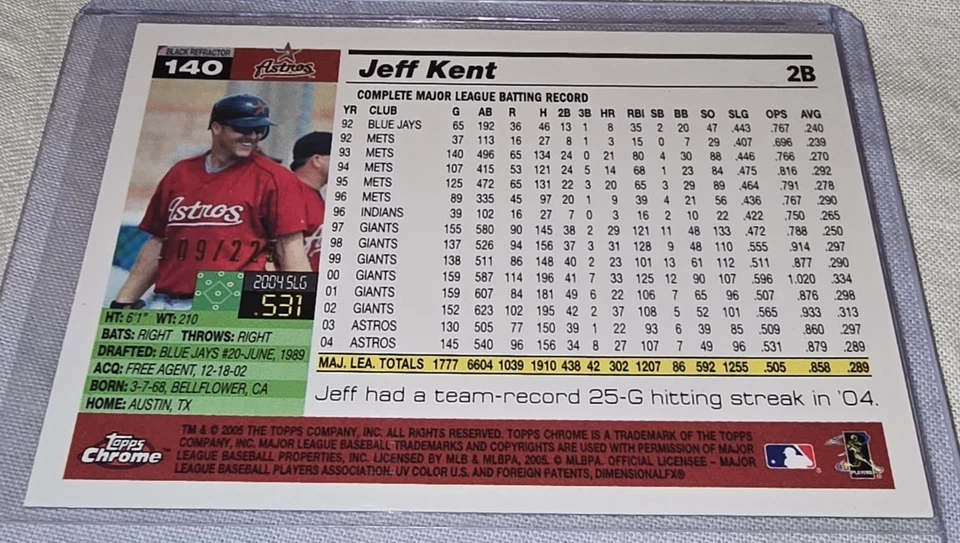 Jeff Kent 2005 Topps Chrome RARE #/225 BLACK REFRACTOR SP #140 #2B - Image 4 of 4