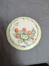 Vintage Hand-Painted Strawberries Porcelain Round Wall Trivet Singed by A Warner