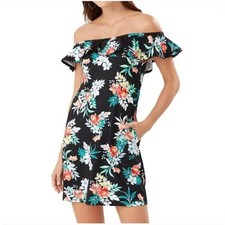 Tommy Bahama Dress Off Shoulder M Black Tropical Beach Sundress Resort Vacation