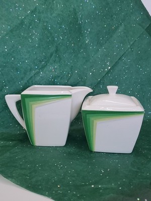Malacasa (Rebeca) Cream & Sugar Set - Porcelain/Green/Retro/Geometric/Durable