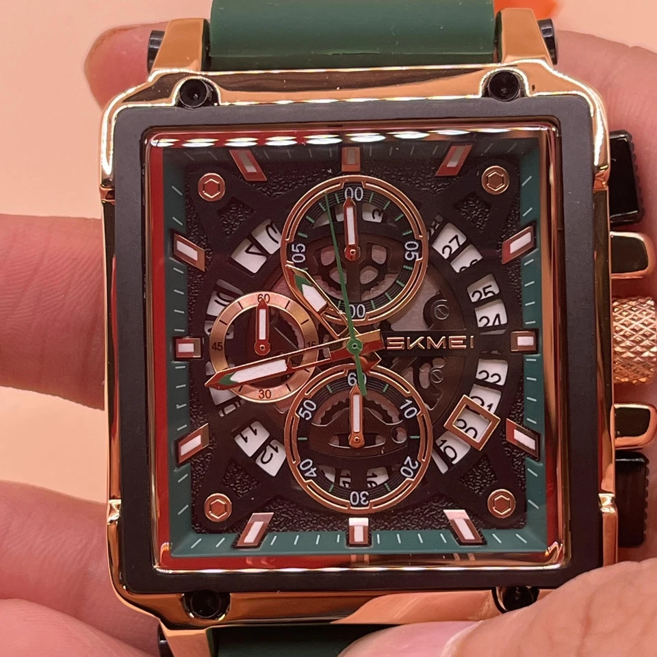 SKMEI SKM-7098 Reloj Hombre Rectangular Dorado Negro Verde Silicona Resistente al Agua Foto 3 de 4