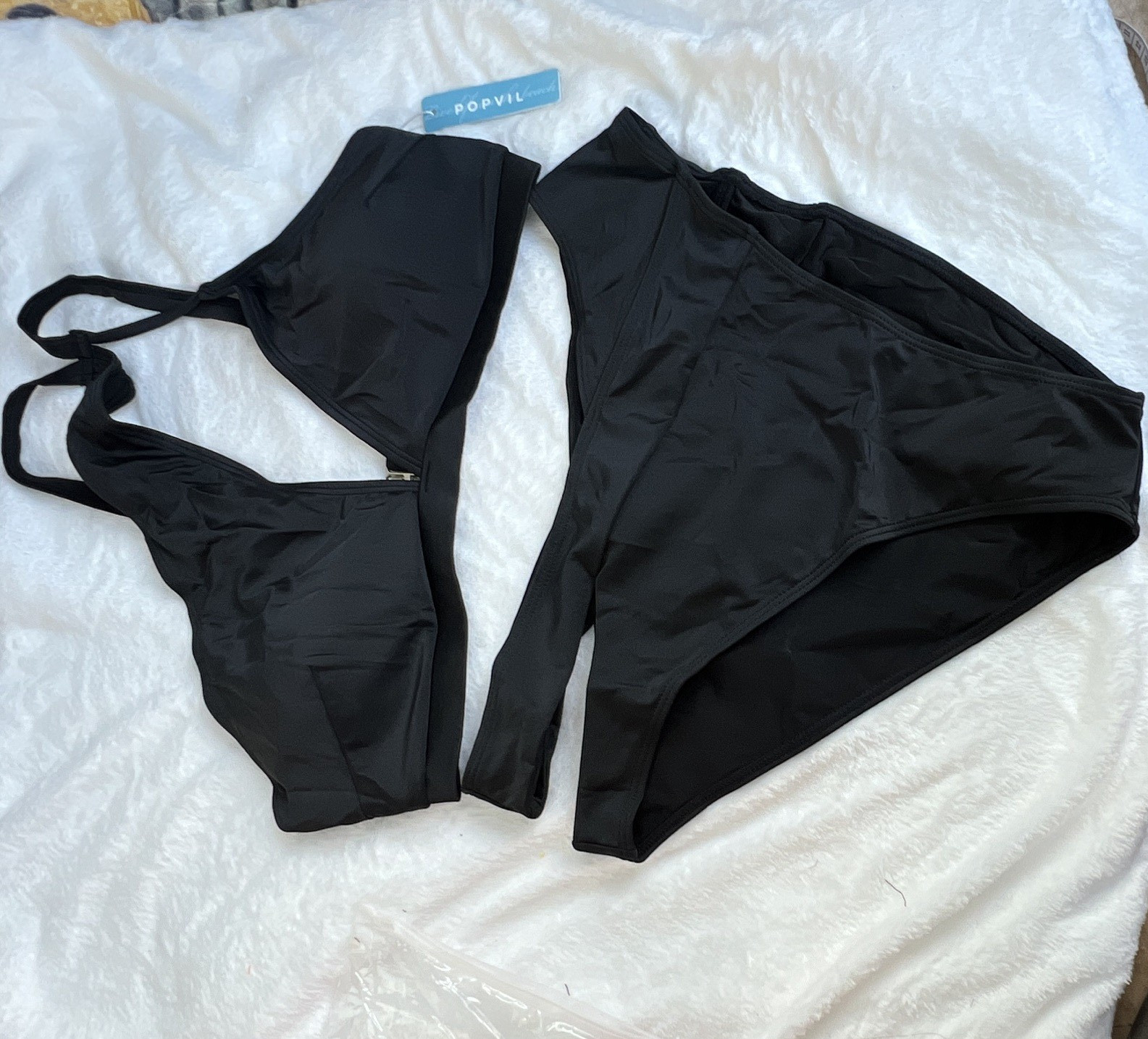 POPVIL Black Solid 2-Piece Bikini Set Adjustable Wide Straps High-Waist XL