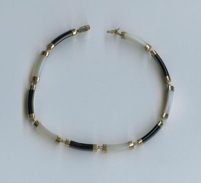 10K 9 Gramm massives Gelbgold 7,5'' schwarzer Onyx & Mutterperle Tennisarmband *BM