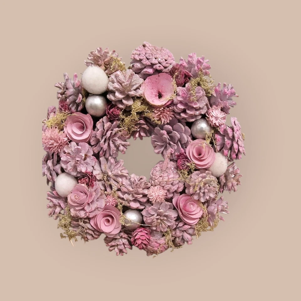 Blush Door Wreath Fall to Winter Decor with Pink Roses and Silver Ornaments 12" - Image 4 of 4