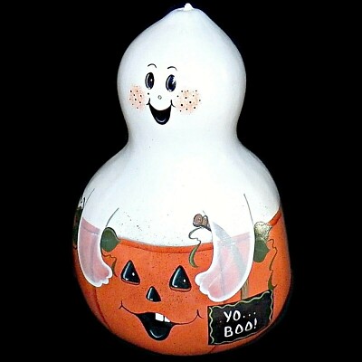 Halloween Geist Und Jack O Laterne Kürbis Handbemalt Künstler Signiert 13 Zoll