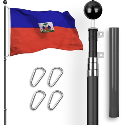 Combo: 16Ft Telescoping Flagpole Black & Haiti Haitian Flag 3x5Ft Emb Spun Poly