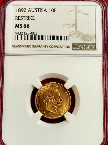 1892 Austria Restrike 4 Florins/10 Francs Gold Coin NGC MS-66