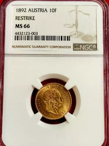 1892 Austria Restrike 4 Florins/10 Francs Gold Coin NGC MS-66