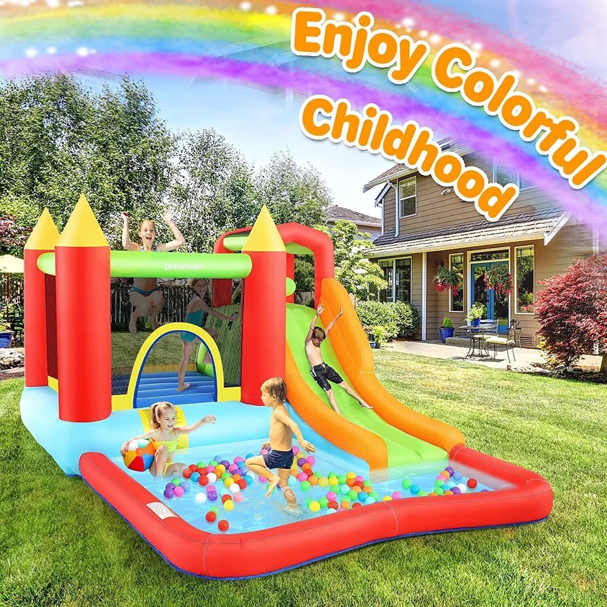 Inflatable Bounce House With Slide & Ball Pit - Kids Bouncy Castle, 9.3x8.2x5.4ft, Includes Blower & Ocean Balls