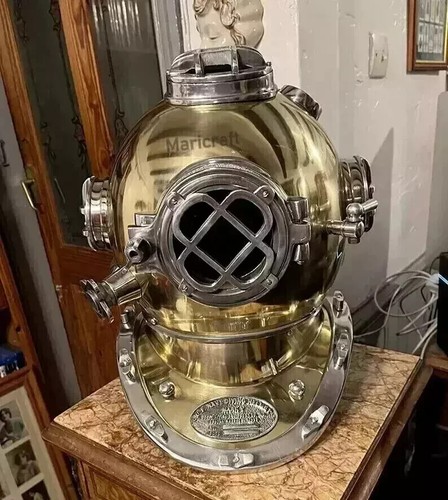 Full Size Antique US Navy Brass Divers Diving Helmet Mark V Deep Sea Scuba Gift - Picture 4 of 6