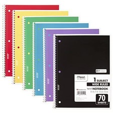Spiral Notebook, 6 Pack, 1-Subject, Wide Ruled Paper, 7-1/2" x Bright Colors