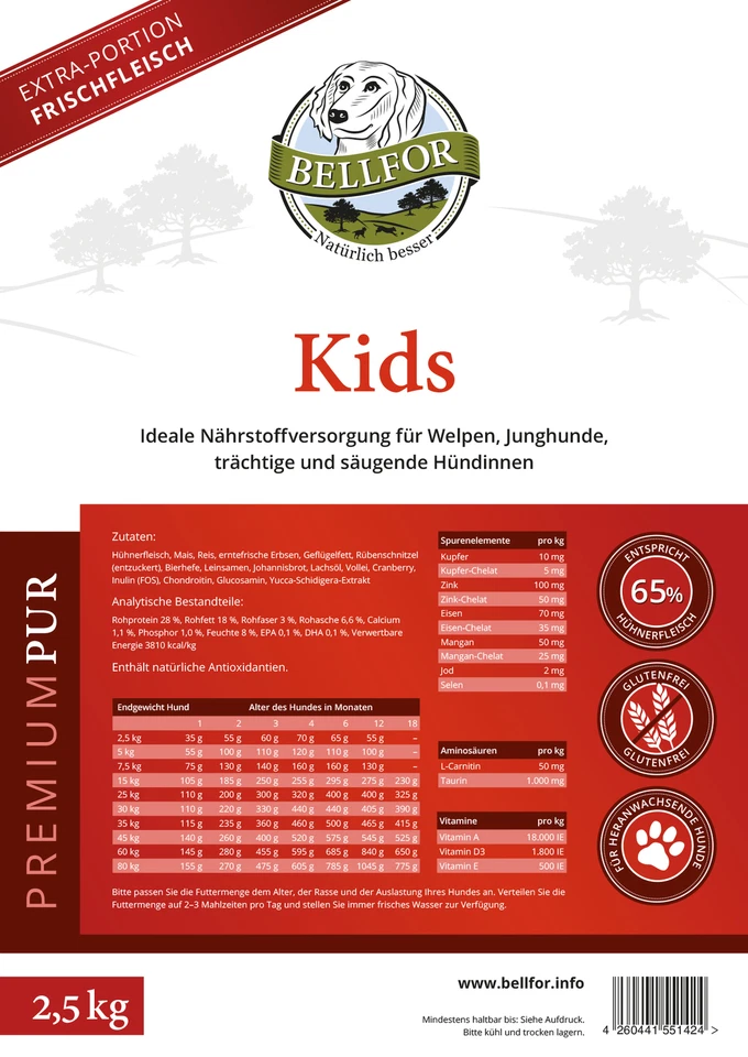Bellfor Hundefutter Trocken Für Welpen Hund mit Huhn PREMIUM PUR Kids 2,5 kg - Bild 2 von 4