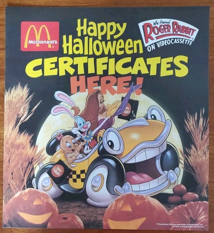 VINTAGE 1989 McDONALD'S "WHO FRAMED ROGER RABBIT" HALLOWEEN PROMOTIONAL SIGN