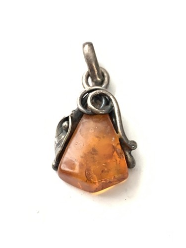 Vintage Sterling Silver Vine Flower Amber Pendant
